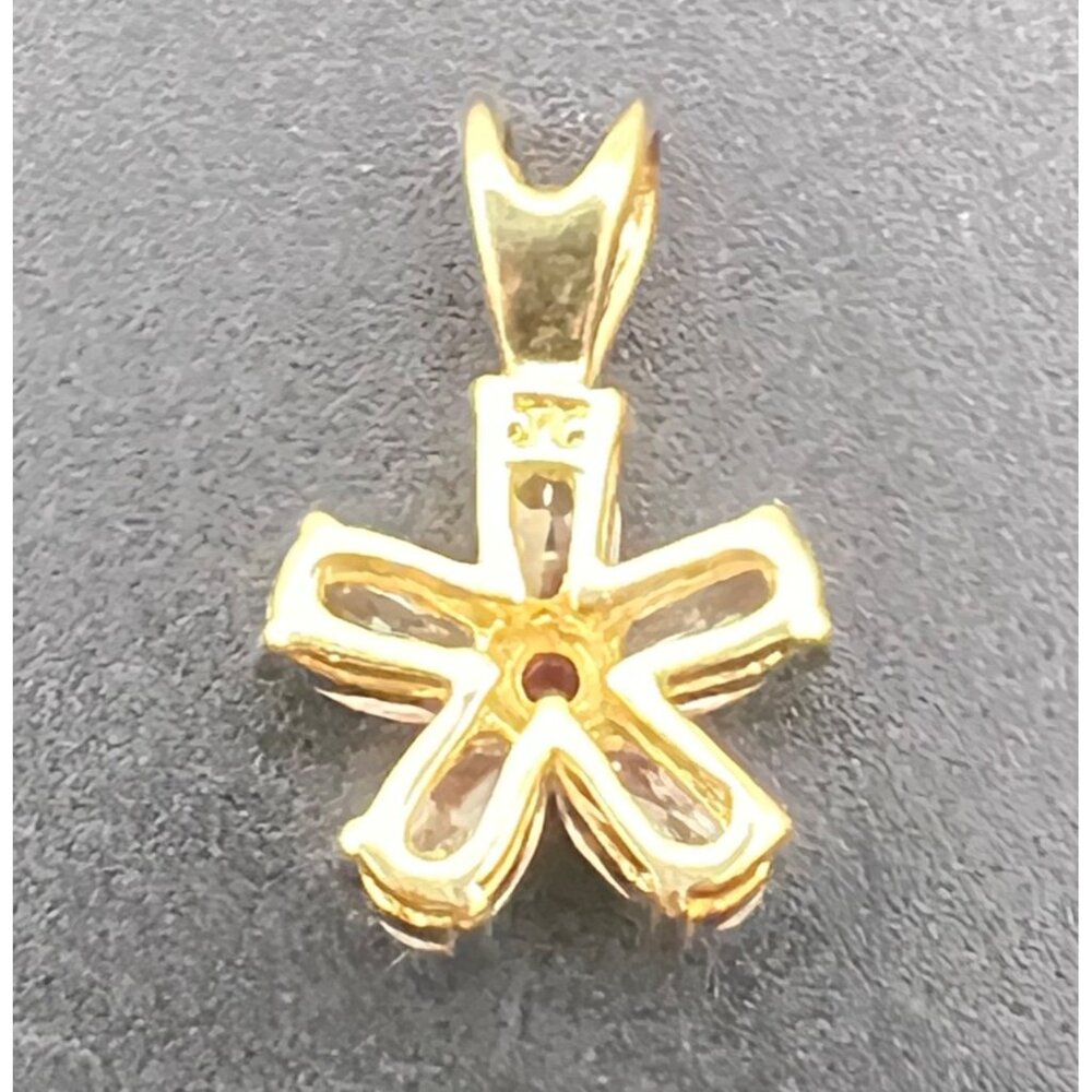 Gold Flower Pendant Necklace Clear CZ Petals Faux Ruby 17" Chain Marked JC & CCI - Picture 3 of 10